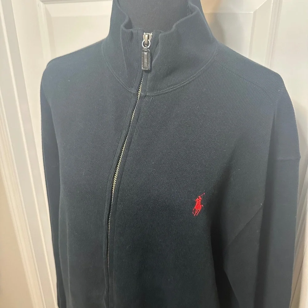 Polo Ralph Lauren Mens‎ Full Zip Ribbed Sweater Black Red Pony Logo Size M
